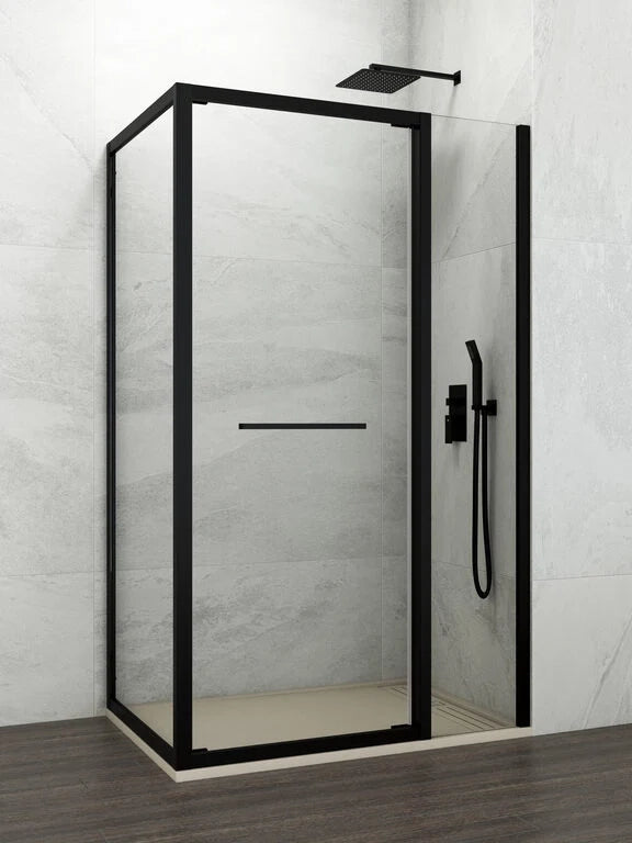 Box doccia angolare SPAZIO fisso 50 + porta 75 + laterale fisso 125x80 cm (120.5-123/76.5-79) nero opaco