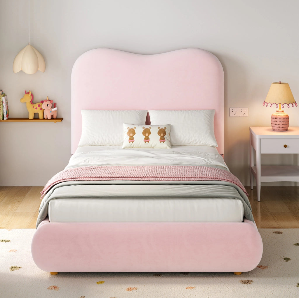 Letto imbottito per bambini in velluto rosa con contenitore