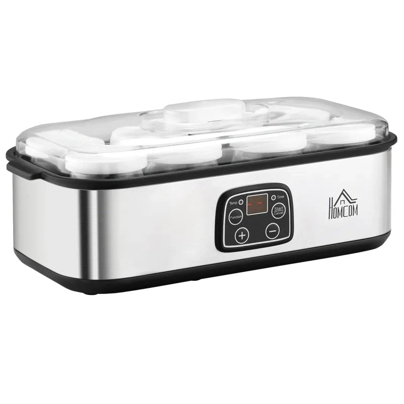 Yogurtiera Greca con Coperchio, 8 Vasetti in Vetro BPA-Free da 180 ml, Display LCD e Timer, Capacità 1,4 L, 25 W, Argento