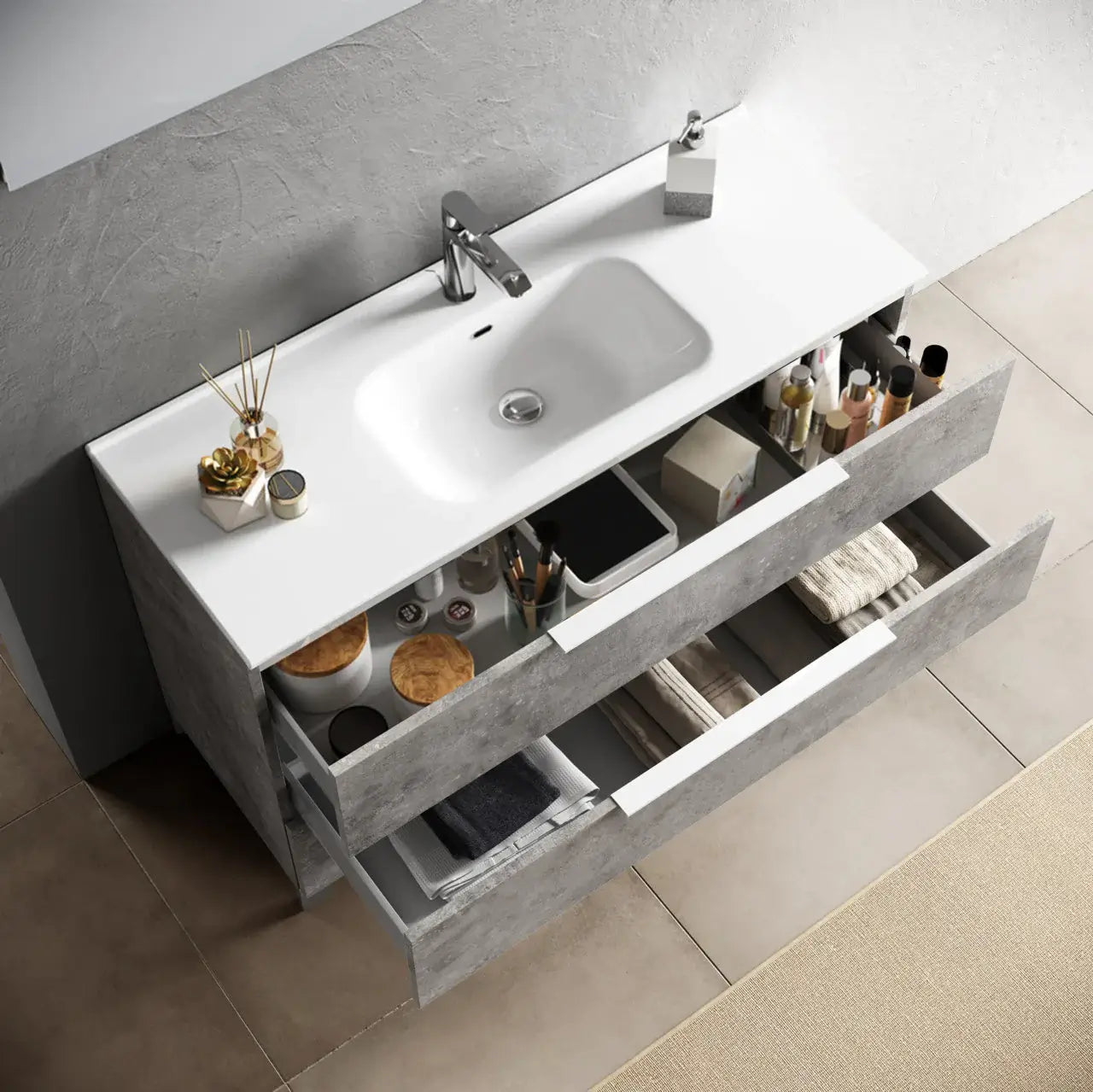 Mobile Bagno 90cm Sospeso Con Due Cassetti E Specchio Con Lampada - Rovere Cenere
