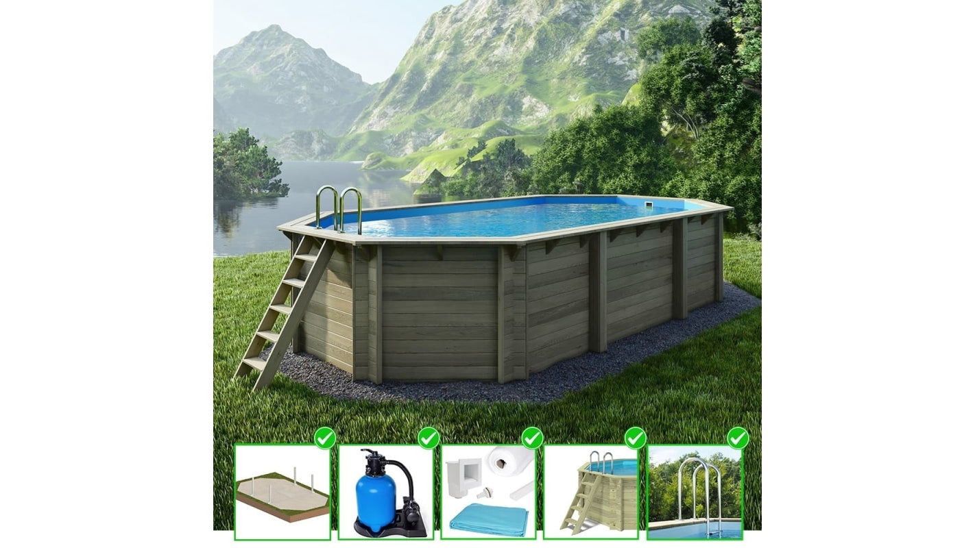 Piscina in legno Nemo 7.3x3.97 - H.1.45 m su telaio senza cementazione - BAS7305OSPU - ALTANKA