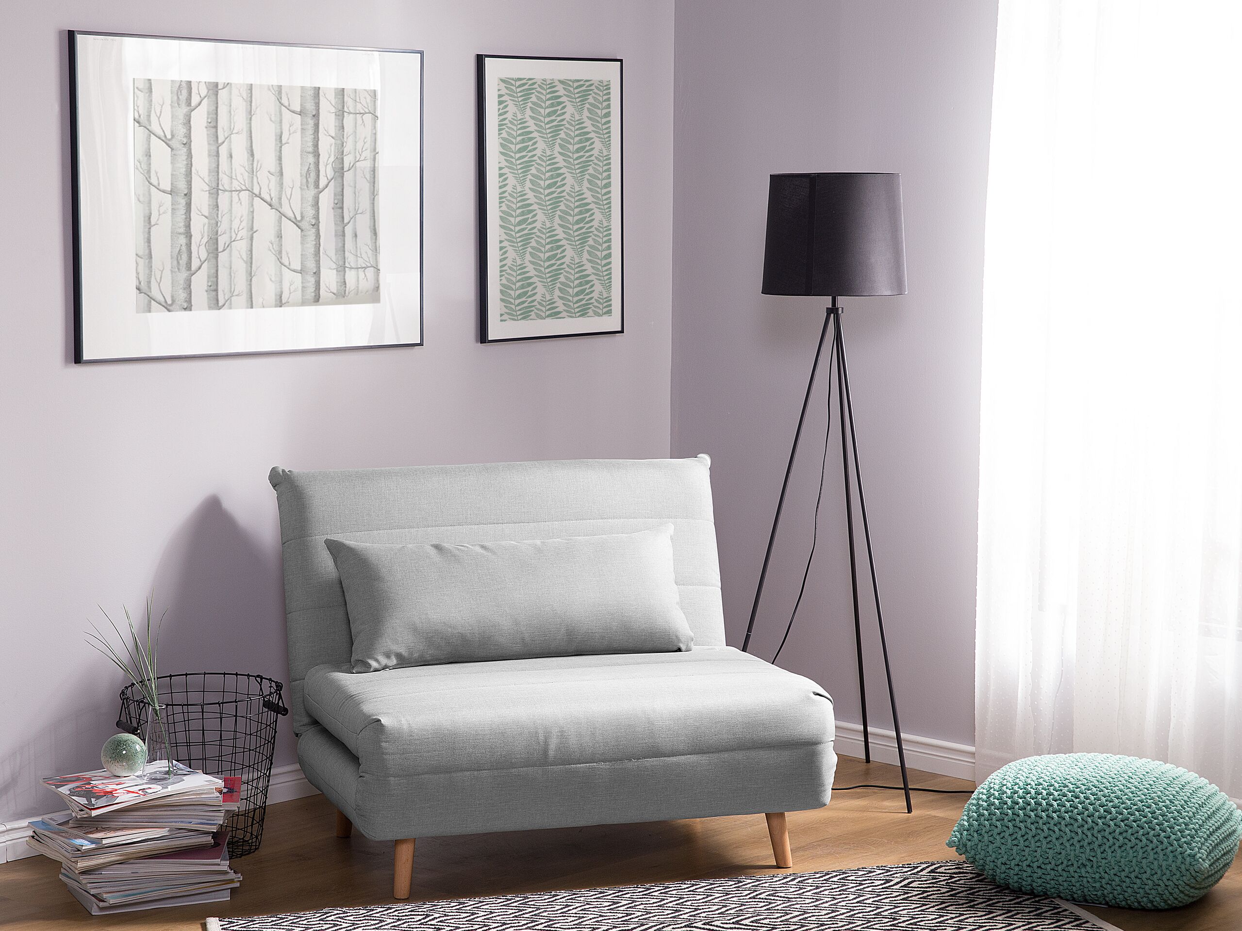 Divano letto piccolo in tessuto grigio chiaro 1 posto letto pieghevole senza braccioli scandinavo